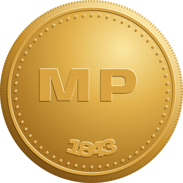 A gold coin struck with the letters M P and the year 1843 on its lower rim, with a beaded border and a reeded edge.