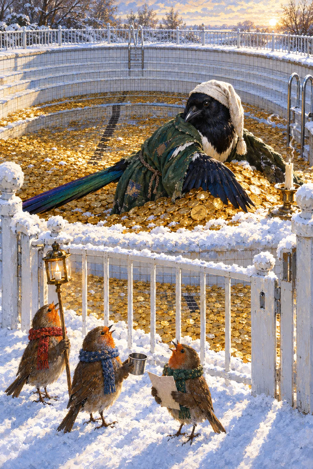 In fresh snow three robins in scarves sing at the gate of a pool full of gold coins, one holding out a tin cup, while a magpie in a nightcap spreads a wing over the coins behind them.
