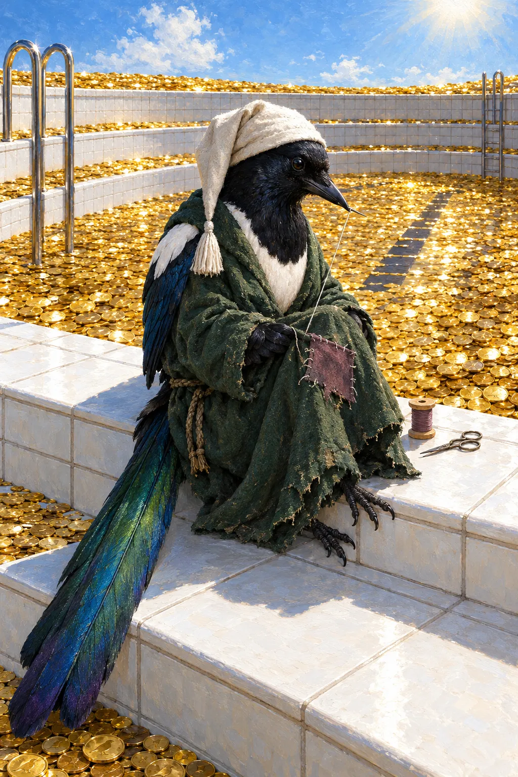 A magpie in a nightcap sits on the white tiled steps of a pool full of gold coins, stitching a faded patch onto his green dressing gown with a needle held in his beak.