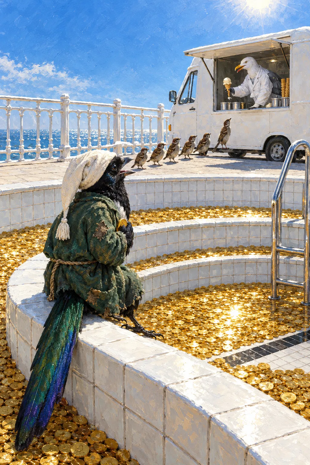 On a hot day a magpie in a nightcap sits on the edge of a pool of gold coins, holding one coin to his chest, while sparrows queue at a white ice-cream van served by a gull.