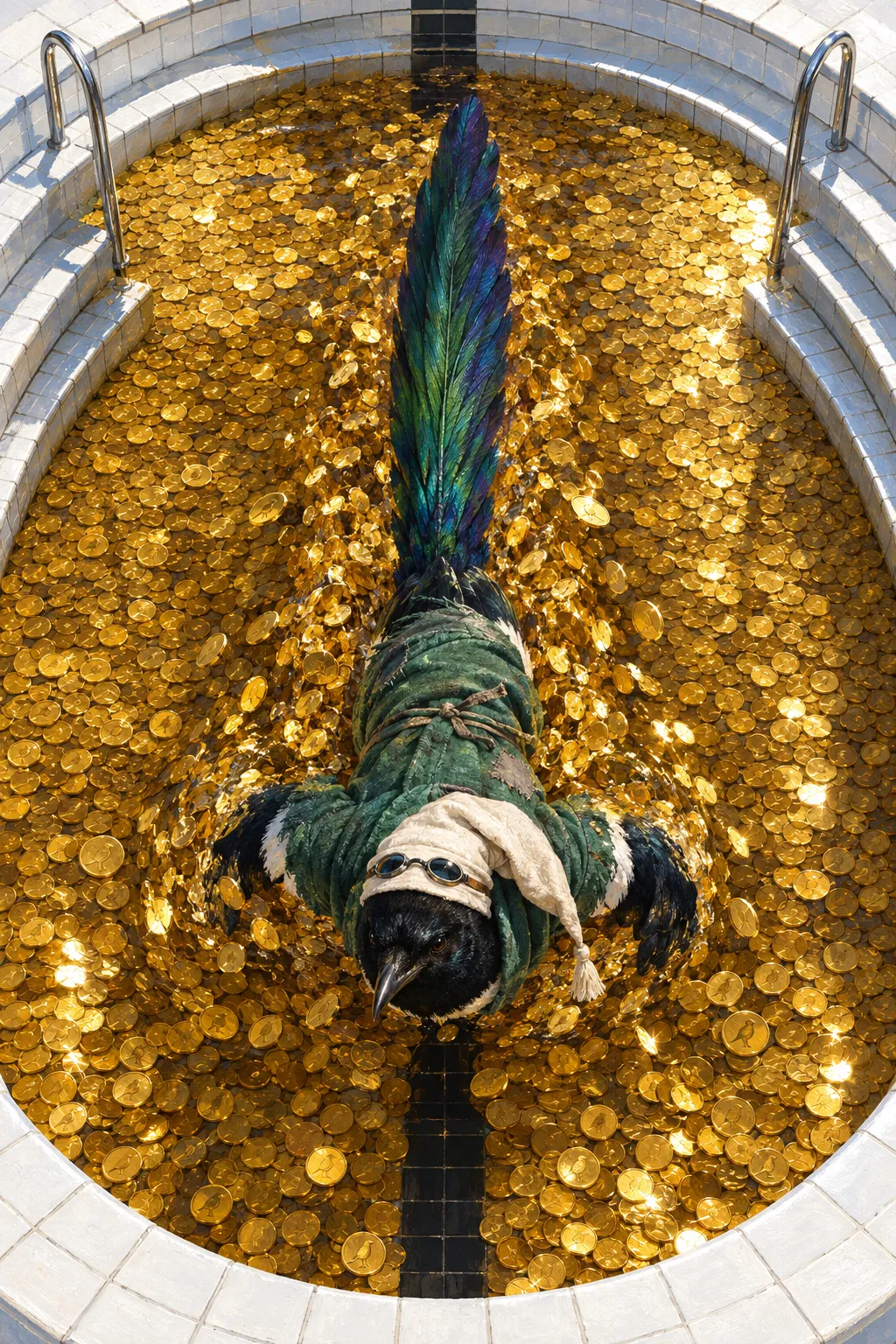 From above, a magpie in a nightcap swims through gold coins along a black lane line in a round white-tiled pool.
