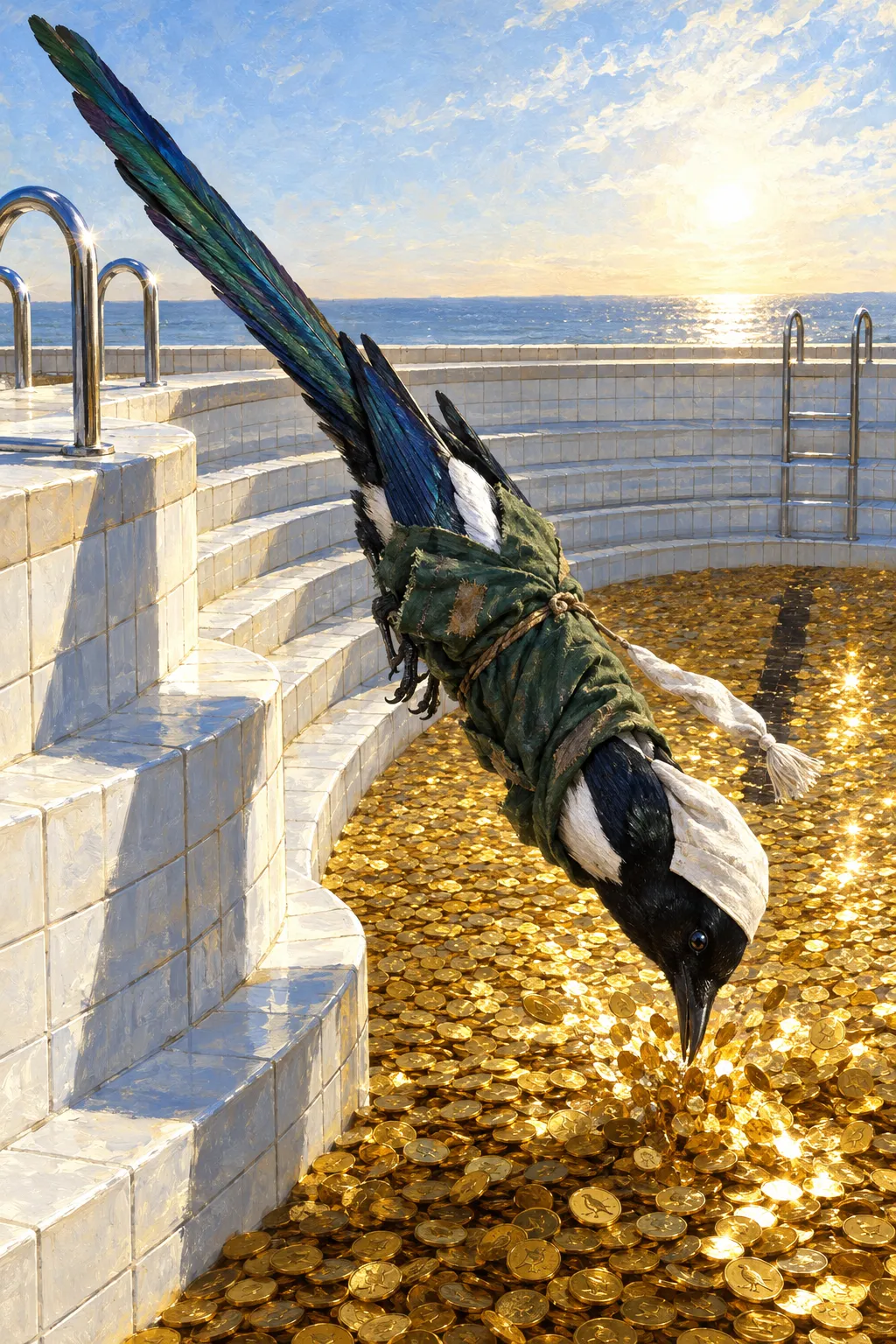 A magpie in a nightcap and dressing gown dives head first into a round tiled pool filled with gold coins, morning sun behind him.