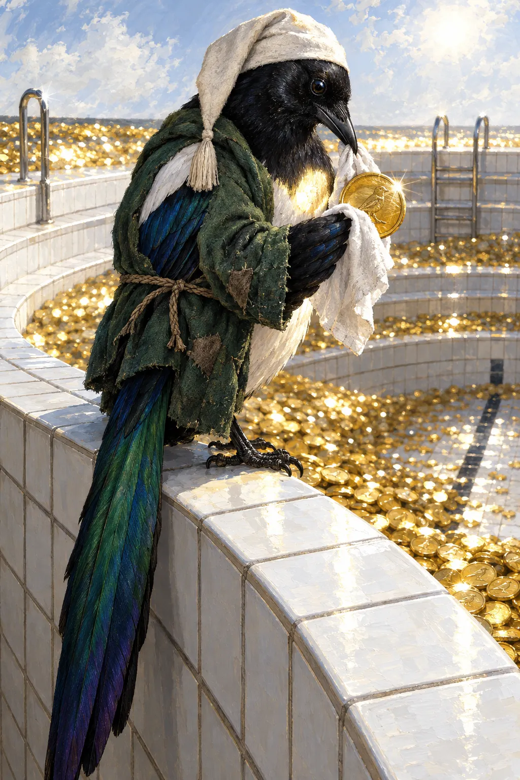 A magpie perched on white tiles polishes a single bright gold coin with a cloth; the pool of coins glitters behind him.