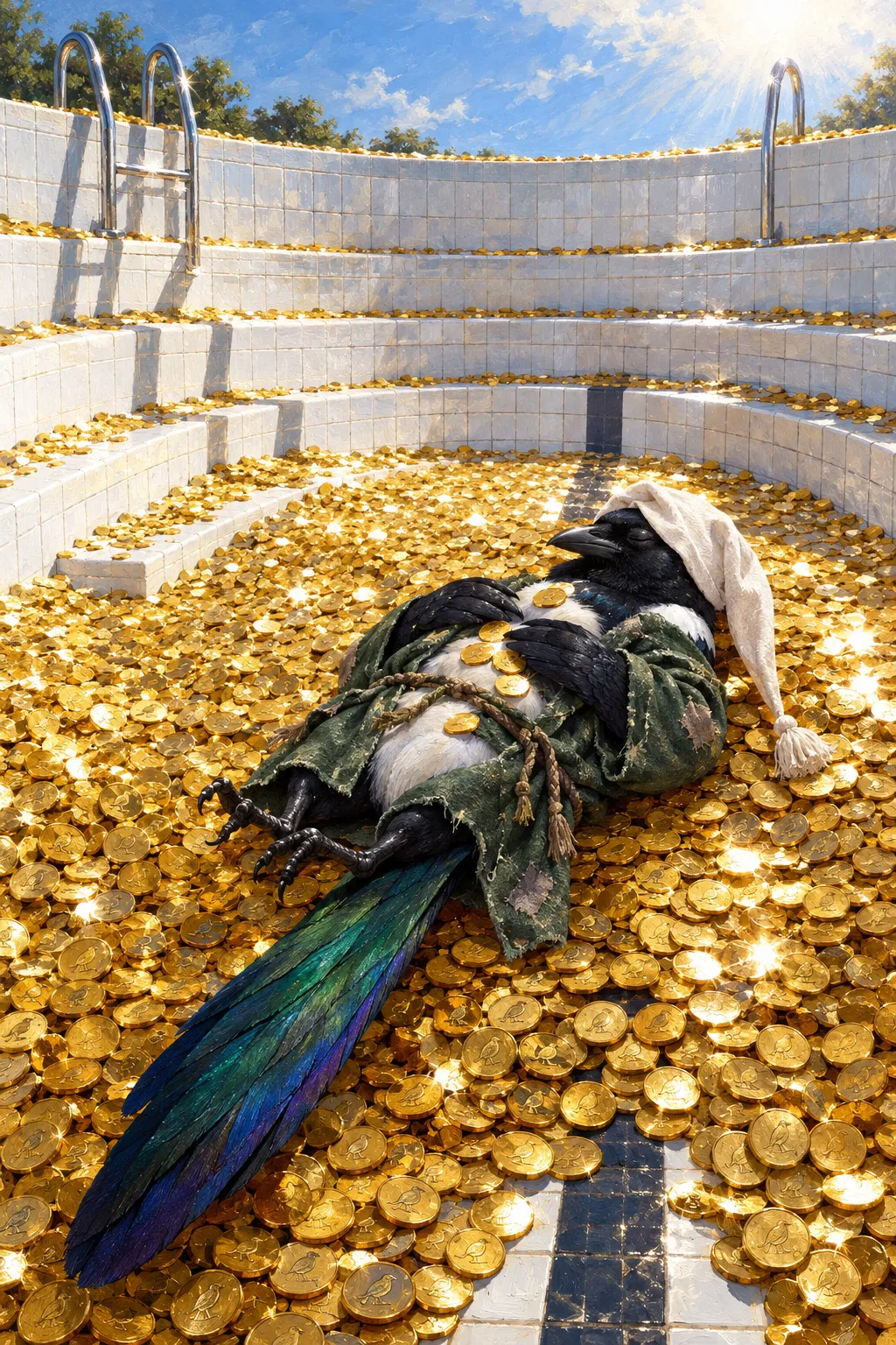 A magpie asleep on his back on a surface of gold coins, nightcap slipped over one eye, coins resting on his chest.