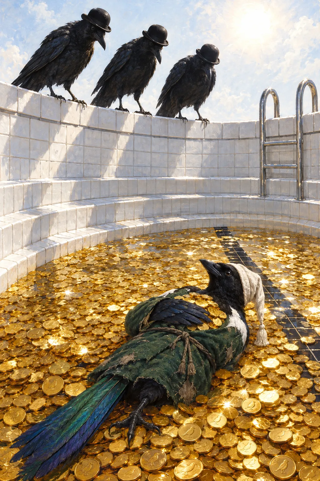 Three crows in bowler hats stand on the tiled edge of a pool and peer down at a magpie floating on gold coins.