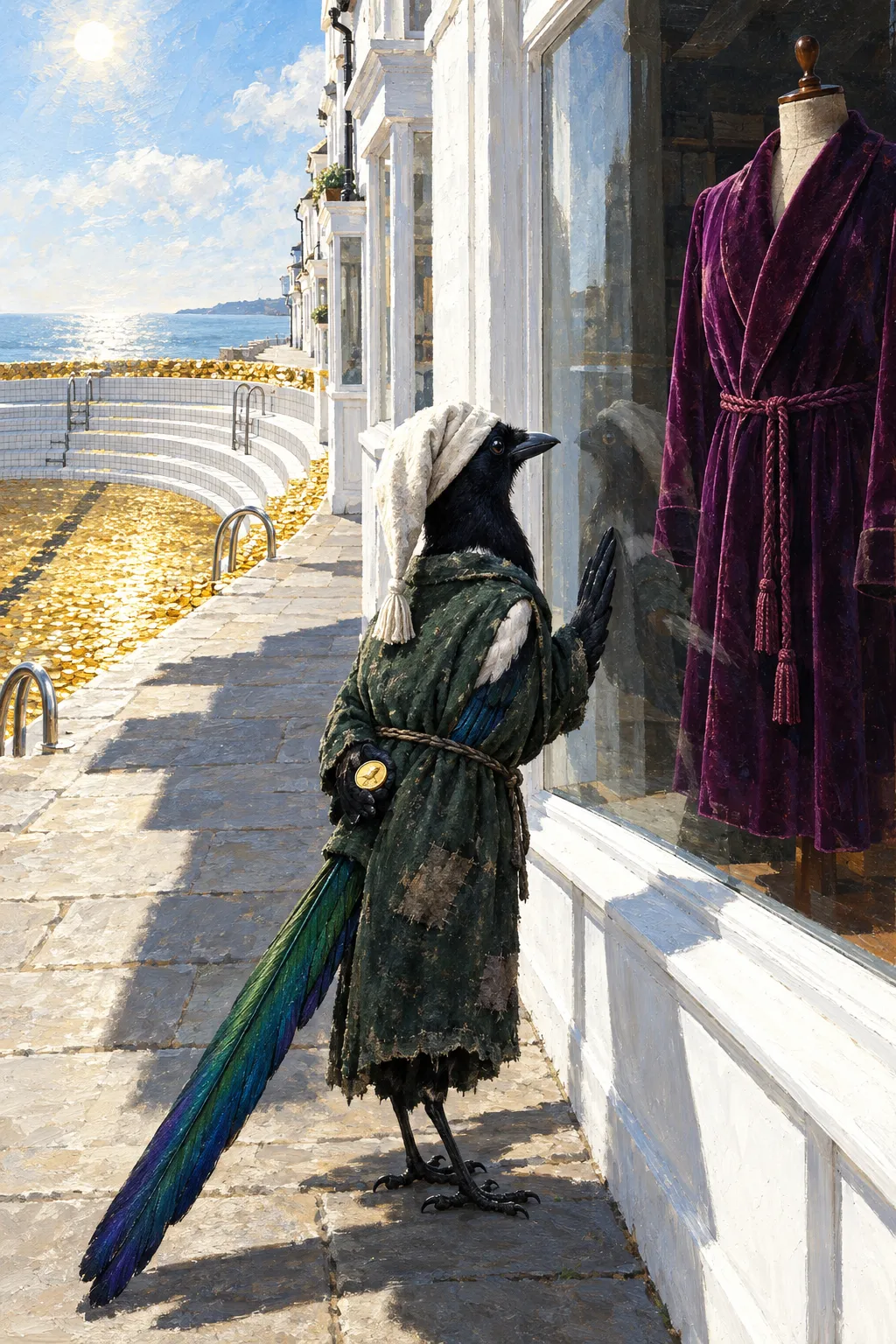 A magpie in a patched dressing gown and nightcap presses a wing to a shop window, gazing at a plum velvet dressing gown on a tailor's dummy, a gold coin in his other wing.